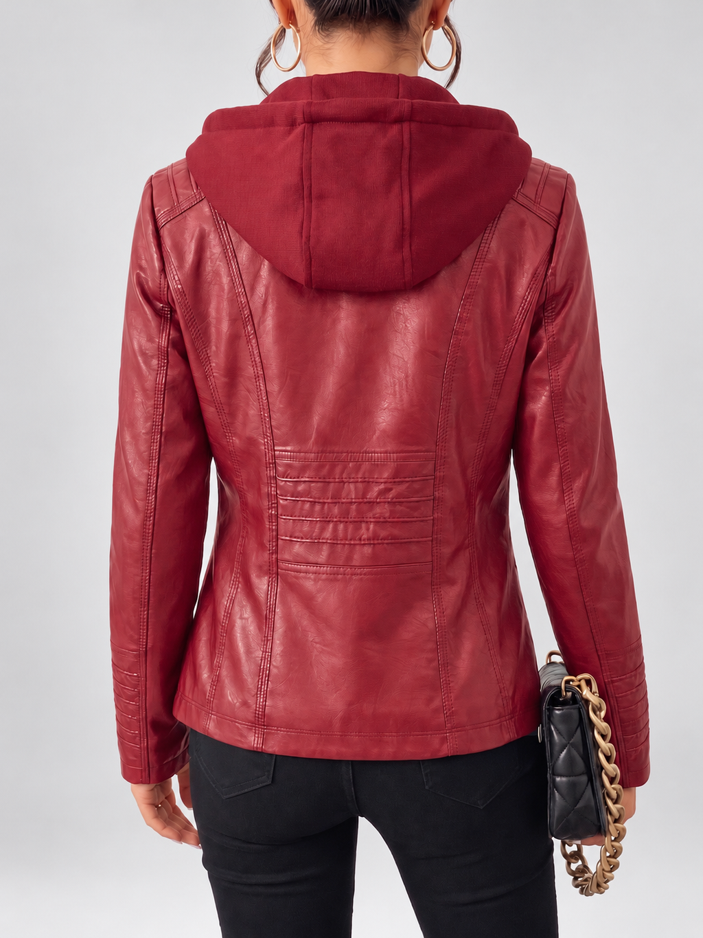 Women's Biker Jacket with Removable Hood – Red – 2