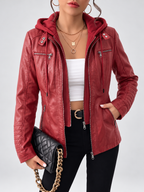 Women's Biker Jacket with Removable Hood – Red – 3