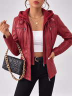 Women's Biker Jacket with Removable Hood – Red – 4