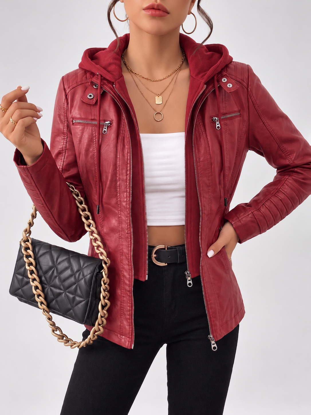 Women's Biker Jacket with Removable Hood – Red – 4