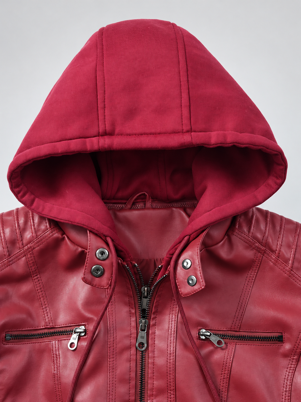 Women's Biker Jacket with Removable Hood – Red – 6