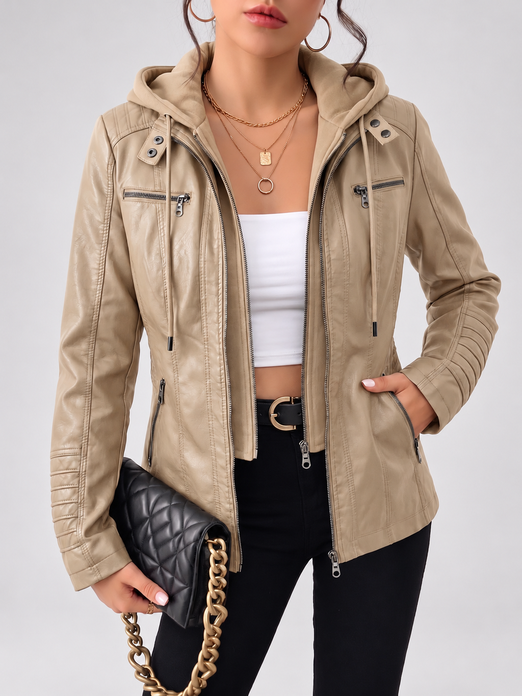 Women's Biker Jacket with Removable Hood – Khaki – 3