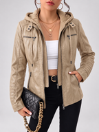 Women's Biker Jacket with Removable Hood – Khaki – 3