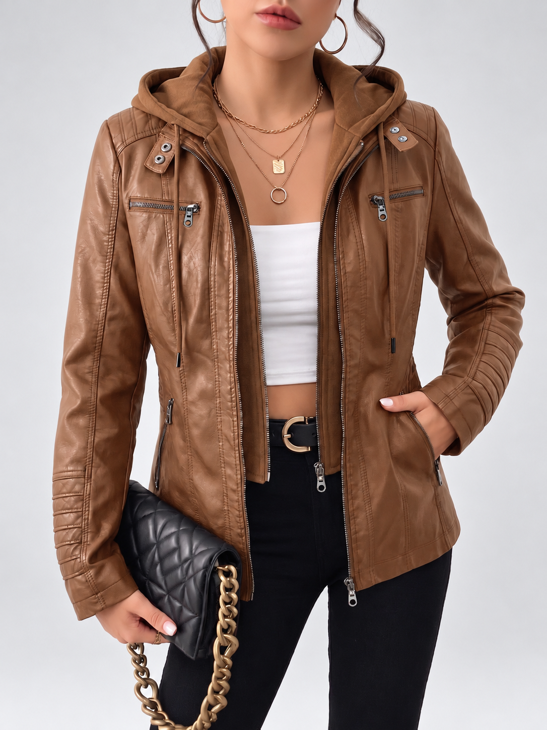 Women's Biker Jacket with Removable Hood – Camel – 1