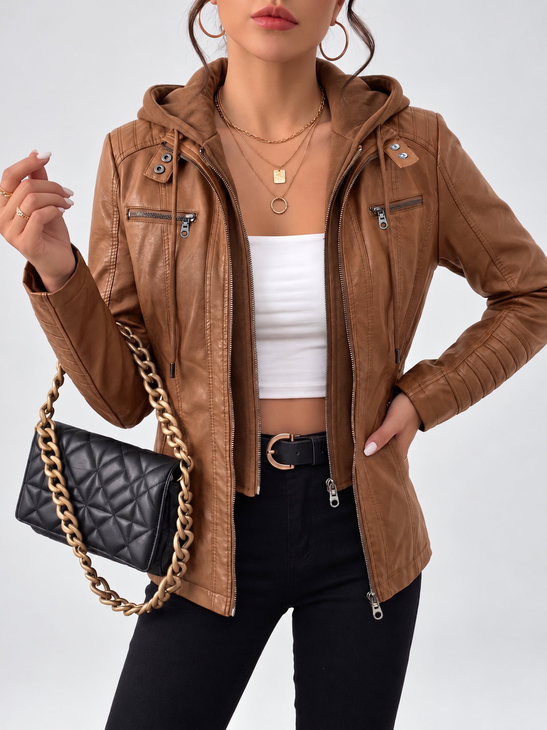 Women's Biker Jacket with Removable Hood – Camel – 4