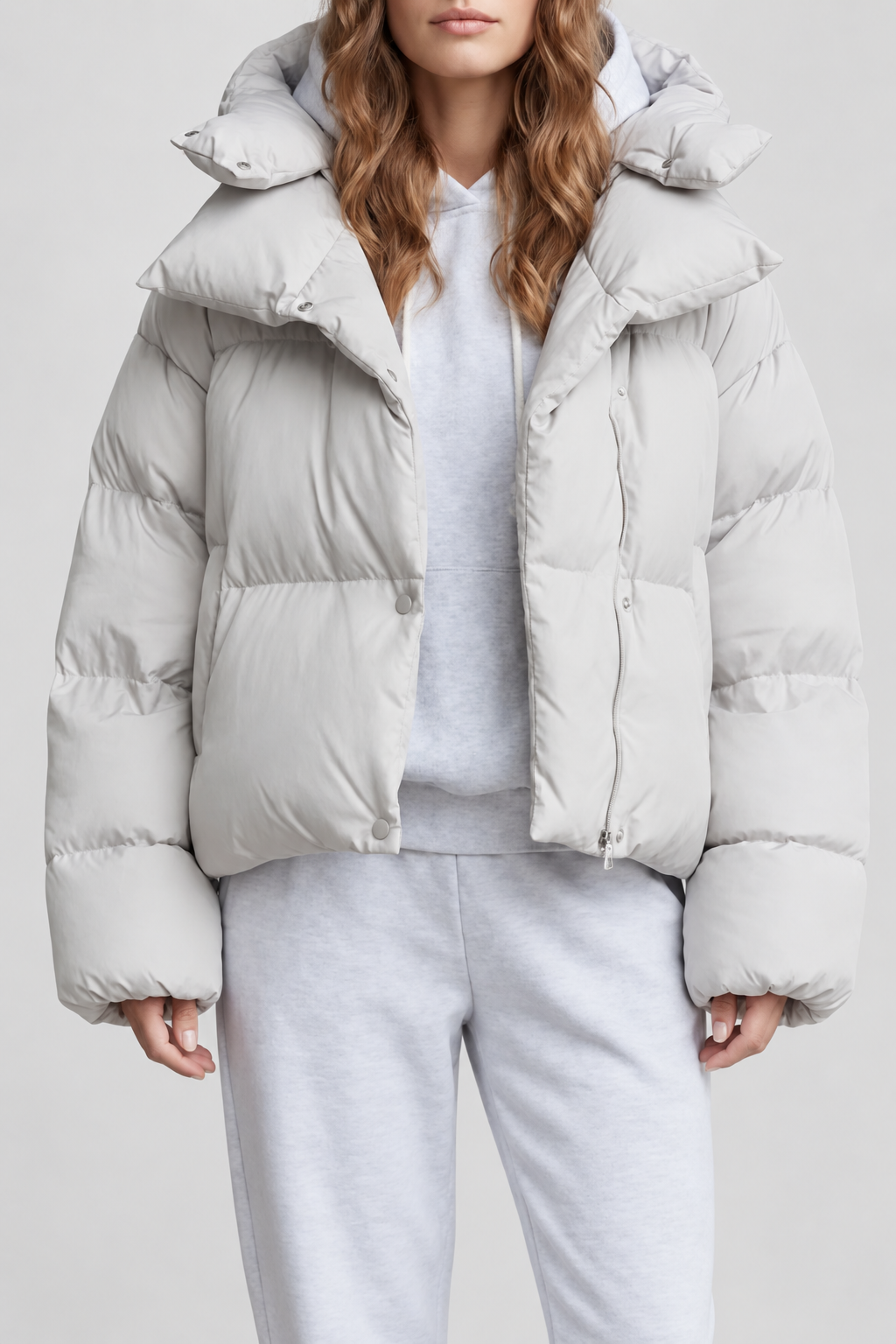 Women's Cropped Puffer Jacket with Hood and Zip Front – Cream – 1