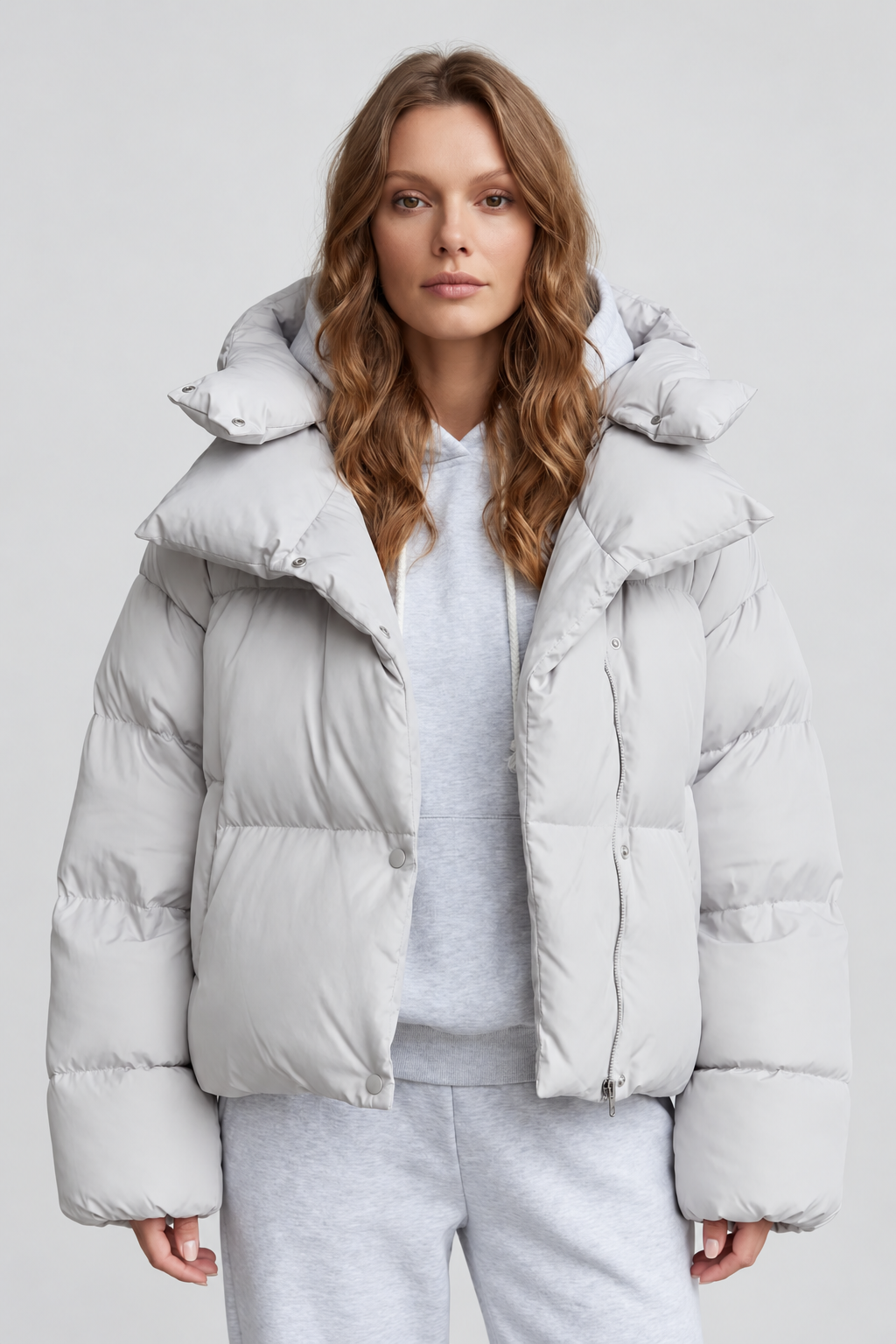 Women's Cropped Puffer Jacket with Hood and Zip Front – Cream – 2