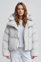 Women's Cropped Puffer Jacket with Hood and Zip Front – Cream – 2