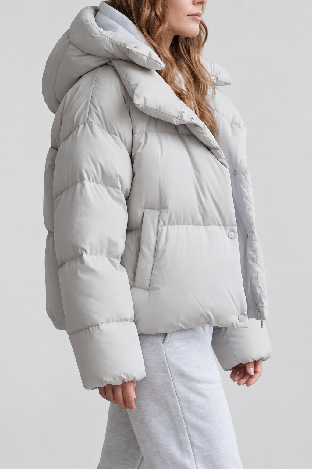 Women's Cropped Puffer Jacket with Hood and Zip Front – Cream – 4