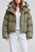 Women's Cropped Puffer Jacket with Hood and Zip Front – Olive – 1