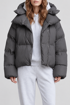 Women's Cropped Puffer Jacket with Hood and Zip Front – Charcoal – 1