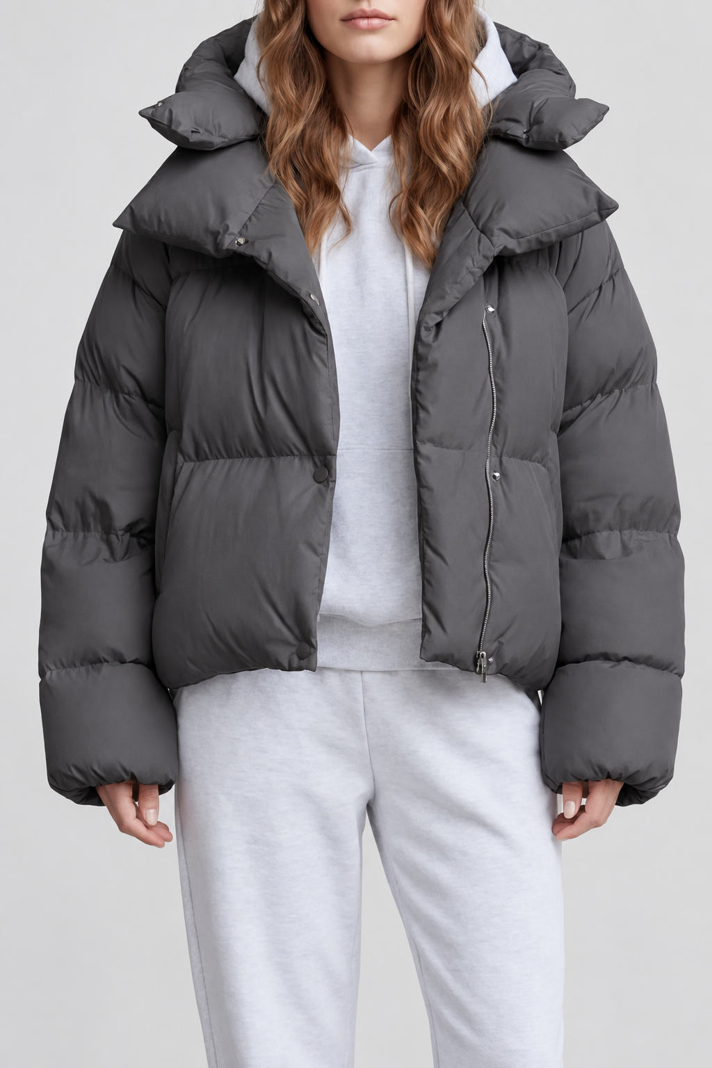 Women's Cropped Puffer Jacket with Hood and Zip Front – Charcoal – 1