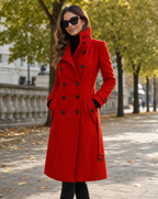 Women's Double Breasted Wool Blend Coat with Stand Collar — Red — image 3