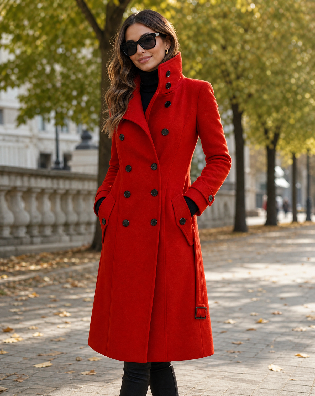 Women's Double Breasted Wool Blend Coat with Stand Collar — Red — image 3