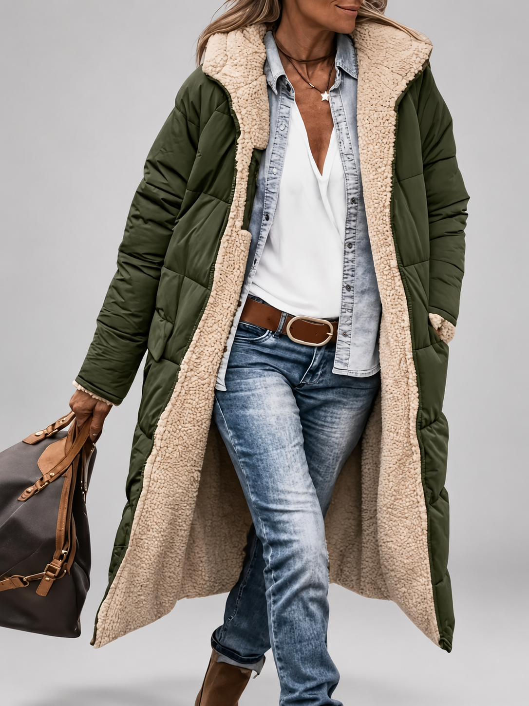 Women's Fleece-Lined Longline Coat – fern green – 1