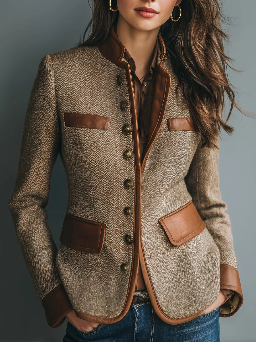 Women's Herringbone Tweed Jacket with Contrast Trim and Button Front — Brown — image 1