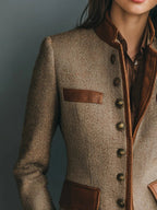 Women's Herringbone Tweed Jacket with Contrast Trim and Button Front — Brown — image 2