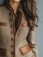 Women's Herringbone Tweed Jacket with Contrast Trim and Button Front — Brown — image 3