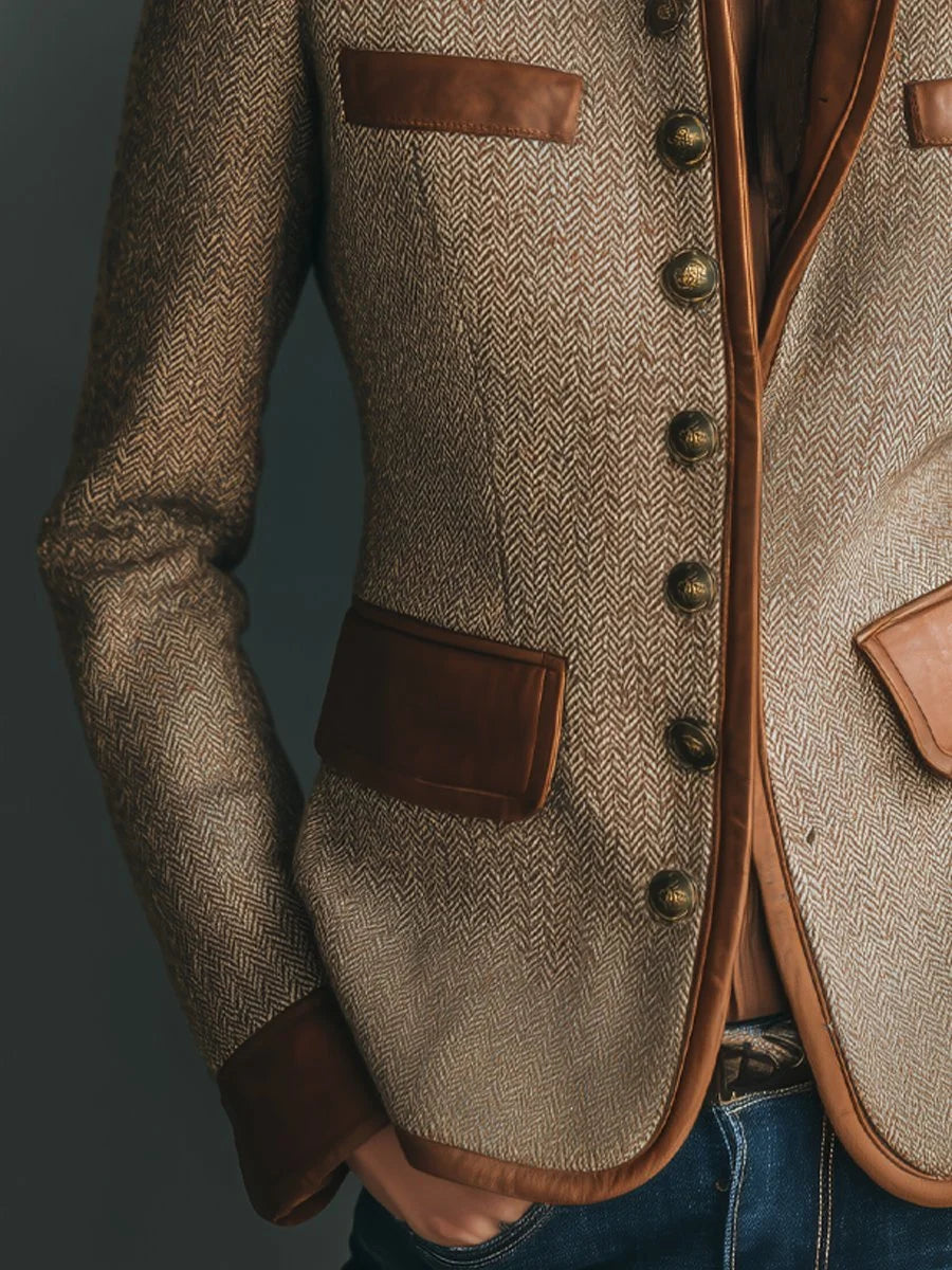 Women's Herringbone Tweed Jacket with Contrast Trim and Button Front — Brown — image 4