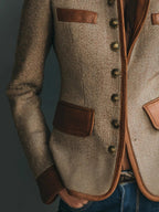 Women's Herringbone Tweed Jacket with Contrast Trim and Button Front — Brown — image 4