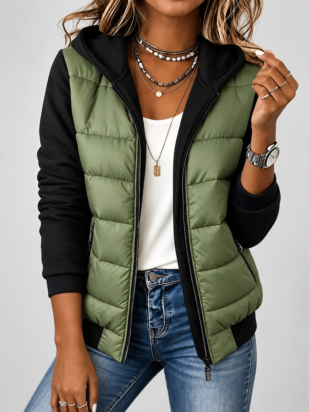 Women's Hooded Padded Jacket with Zip Front – fern green – 1