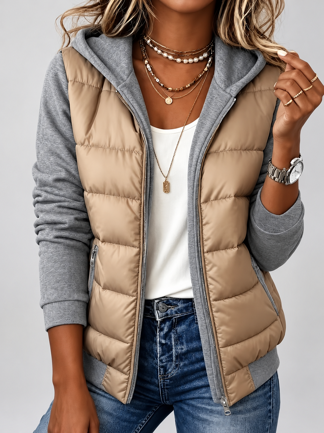 Women's Hooded Padded Jacket with Zip Front – Grey – 1