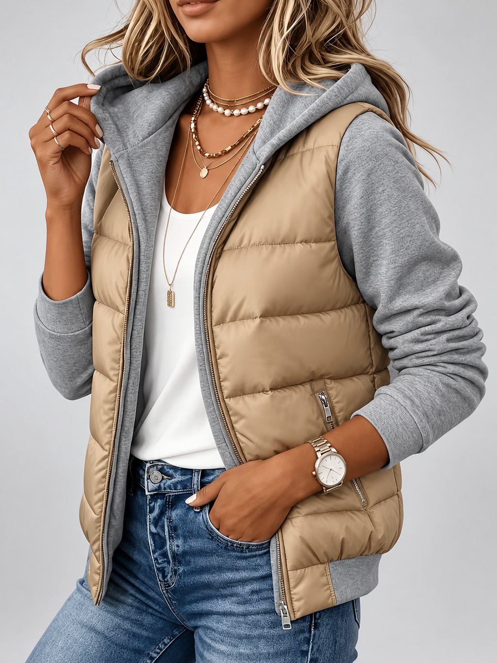 Women's Hooded Padded Jacket with Zip Front – Grey – 3