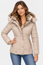 Women's Hooded Puffer Jacket with Faux Fur Trim and Drawstring Waist — Beige — image 6