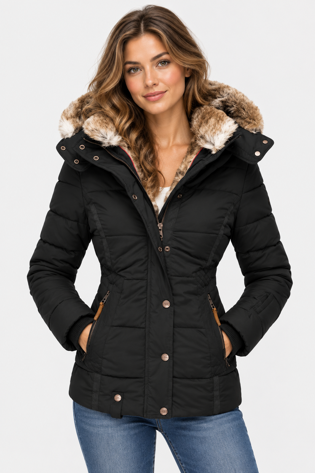 Women's Hooded Puffer Jacket with Faux Fur Trim and Drawstring Waist — Black — image 1