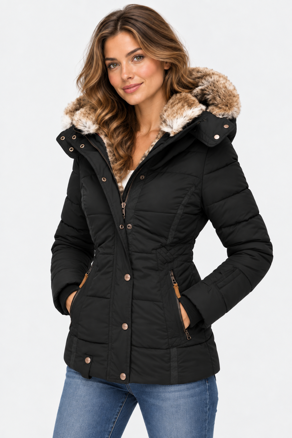 Women's Hooded Puffer Jacket with Faux Fur Trim and Drawstring Waist — Black — image 2