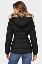 Women's Hooded Puffer Jacket with Faux Fur Trim and Drawstring Waist — Black — image 3