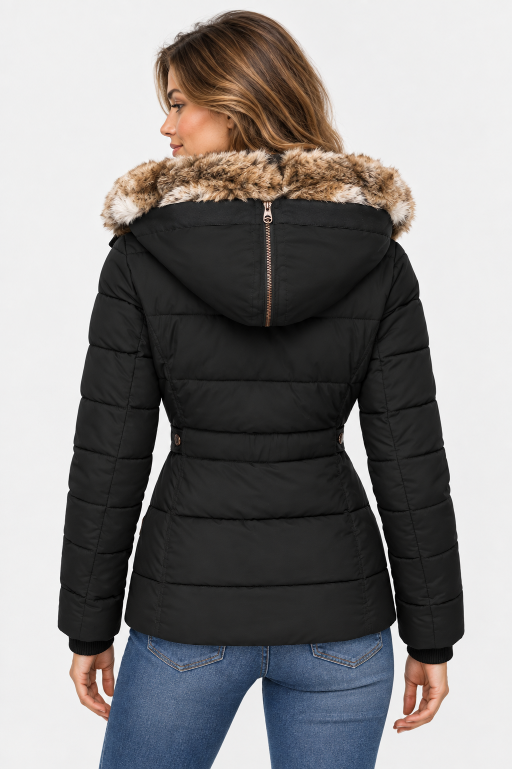 Women's Hooded Puffer Jacket with Faux Fur Trim and Drawstring Waist — Black — image 3
