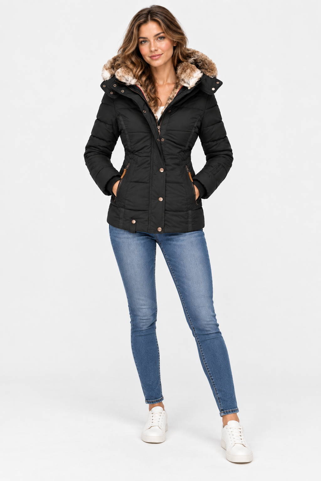 Women's Hooded Puffer Jacket with Faux Fur Trim and Drawstring Waist — Black — image 4