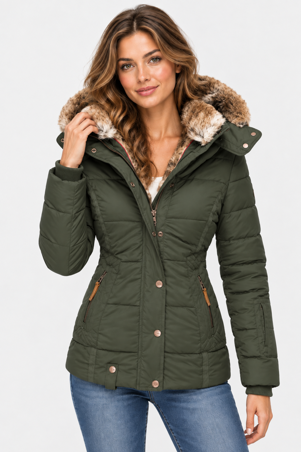Women's Hooded Puffer Jacket with Faux Fur Trim and Drawstring Waist — Green — image 7