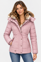 Women's Hooded Puffer Jacket with Faux Fur Trim and Drawstring Waist — Light Pink — image 5