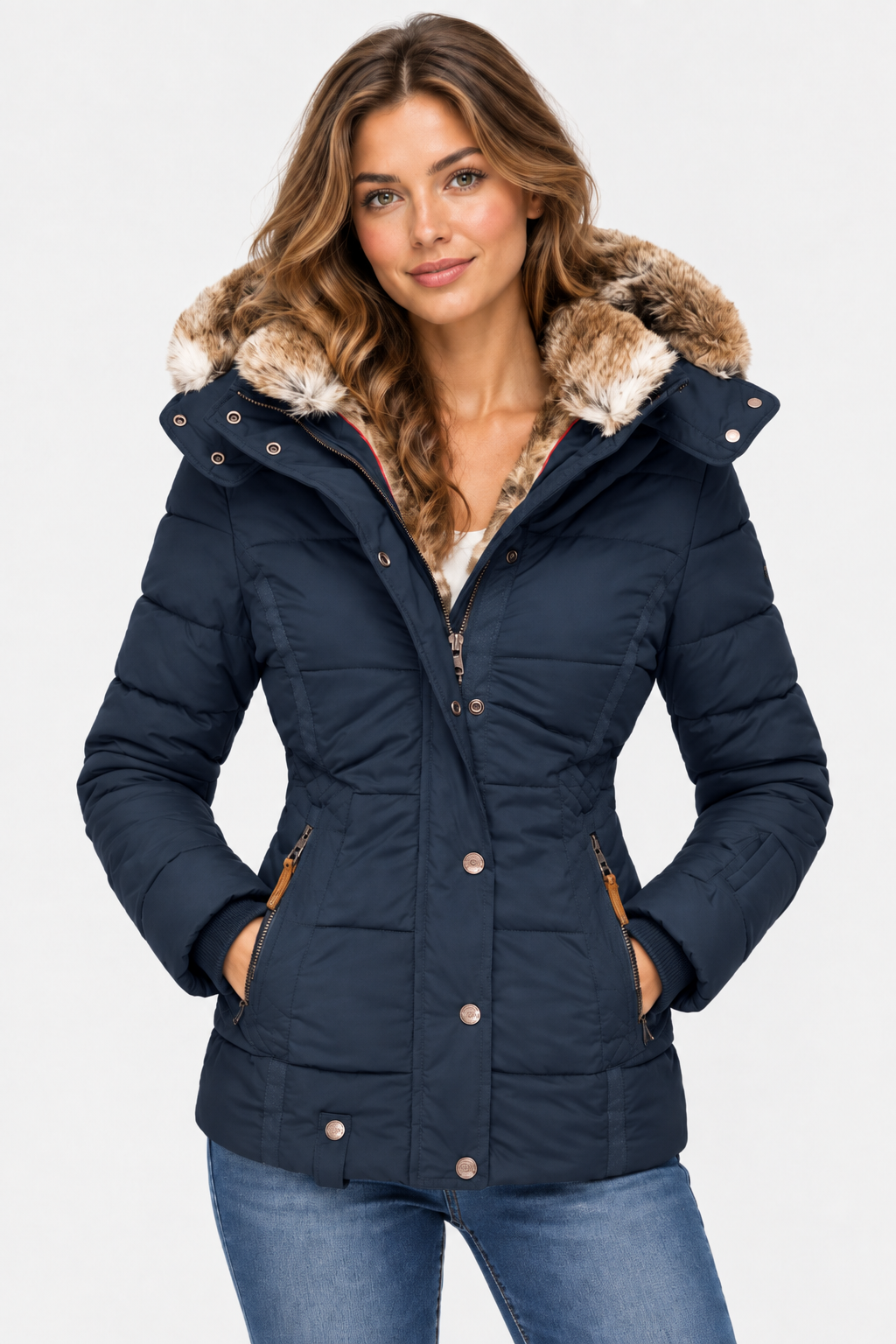 Women's Hooded Puffer Jacket with Faux Fur Trim and Drawstring Waist — Navy — image 8