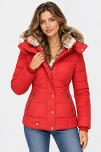 Women's Hooded Puffer Jacket with Faux Fur Trim and Drawstring Waist — Red — image 9