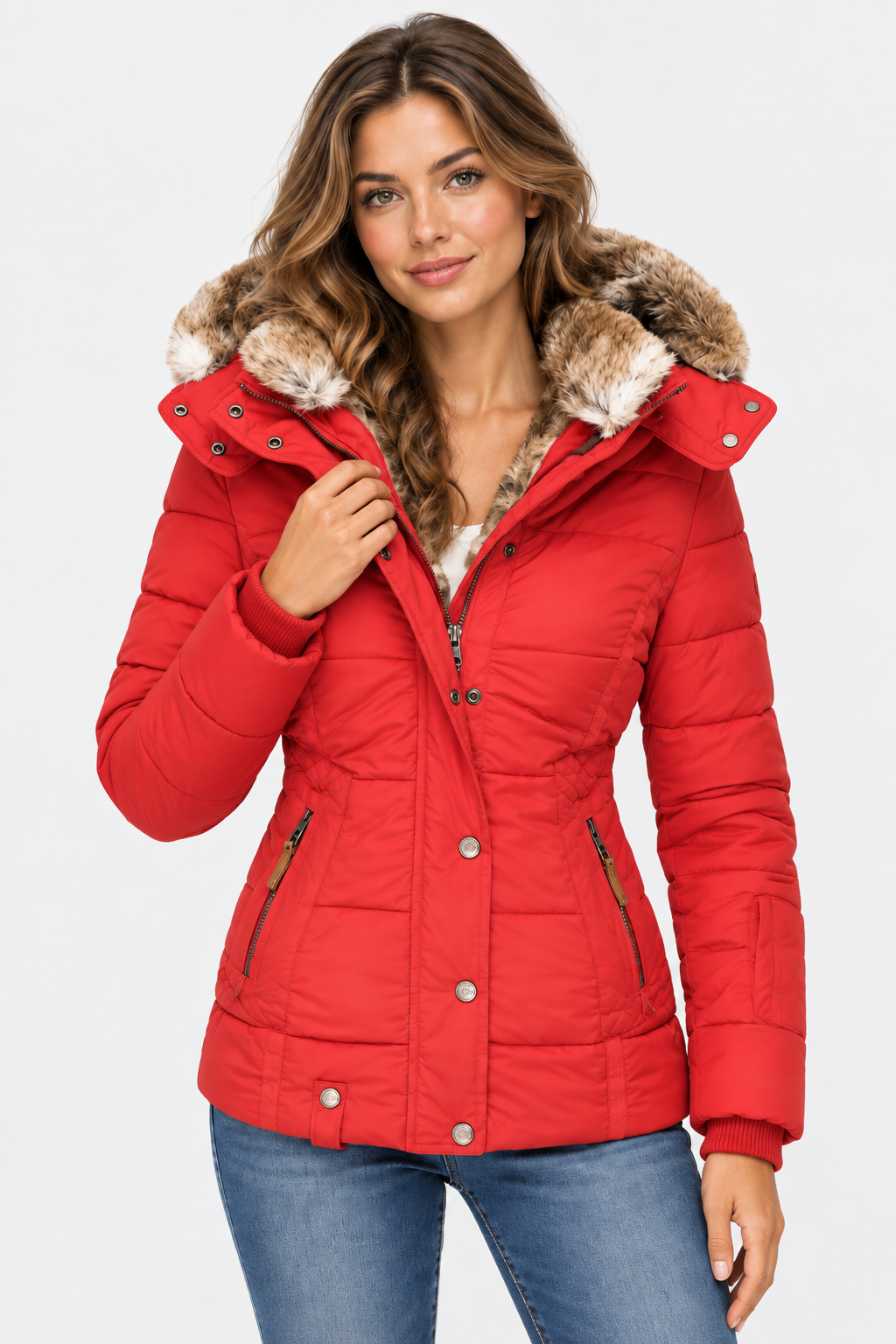 Women's Hooded Puffer Jacket with Faux Fur Trim and Drawstring Waist — Red — image 9