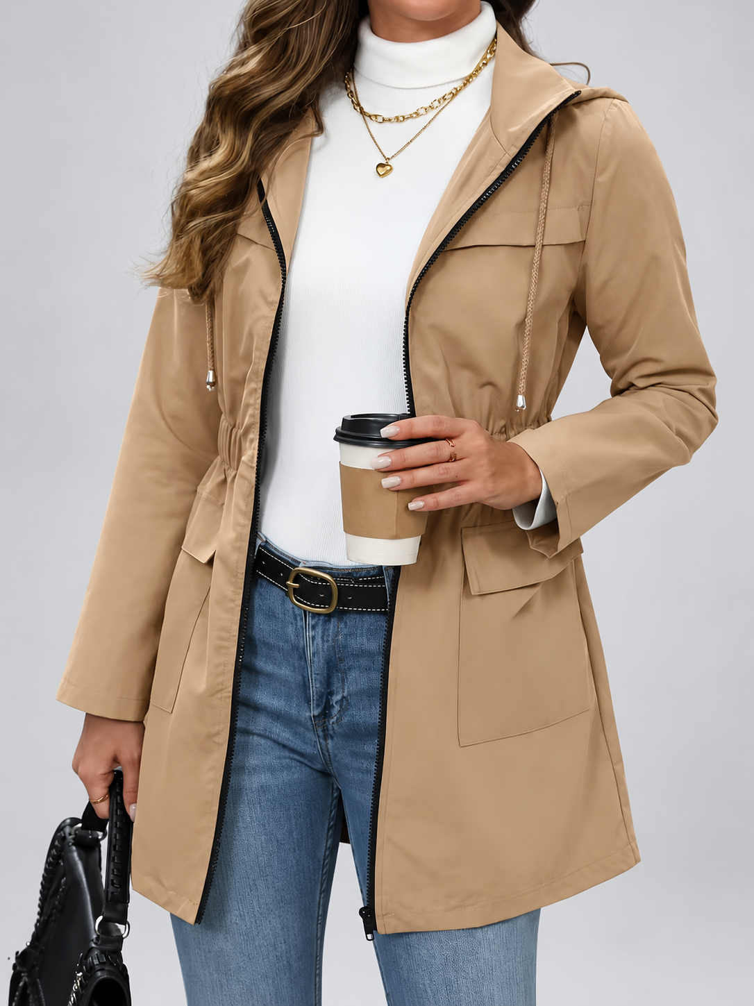 Women's Hooded Utility Jacket | Longline Zip-Up Jacket with Pockets – Khaki – 3