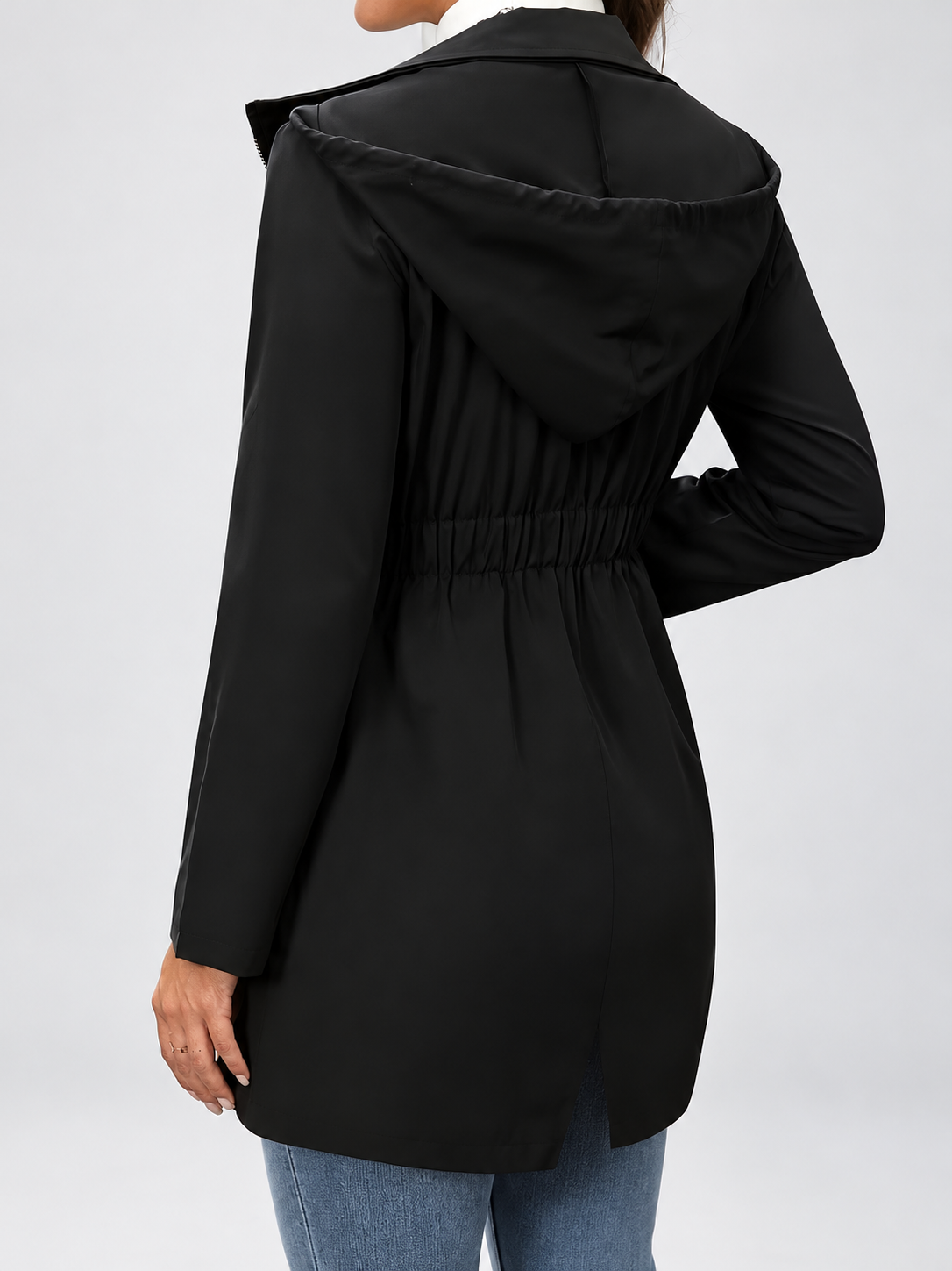 Women's Hooded Utility Jacket | Longline Zip-Up Jacket with Pockets – Black – 2