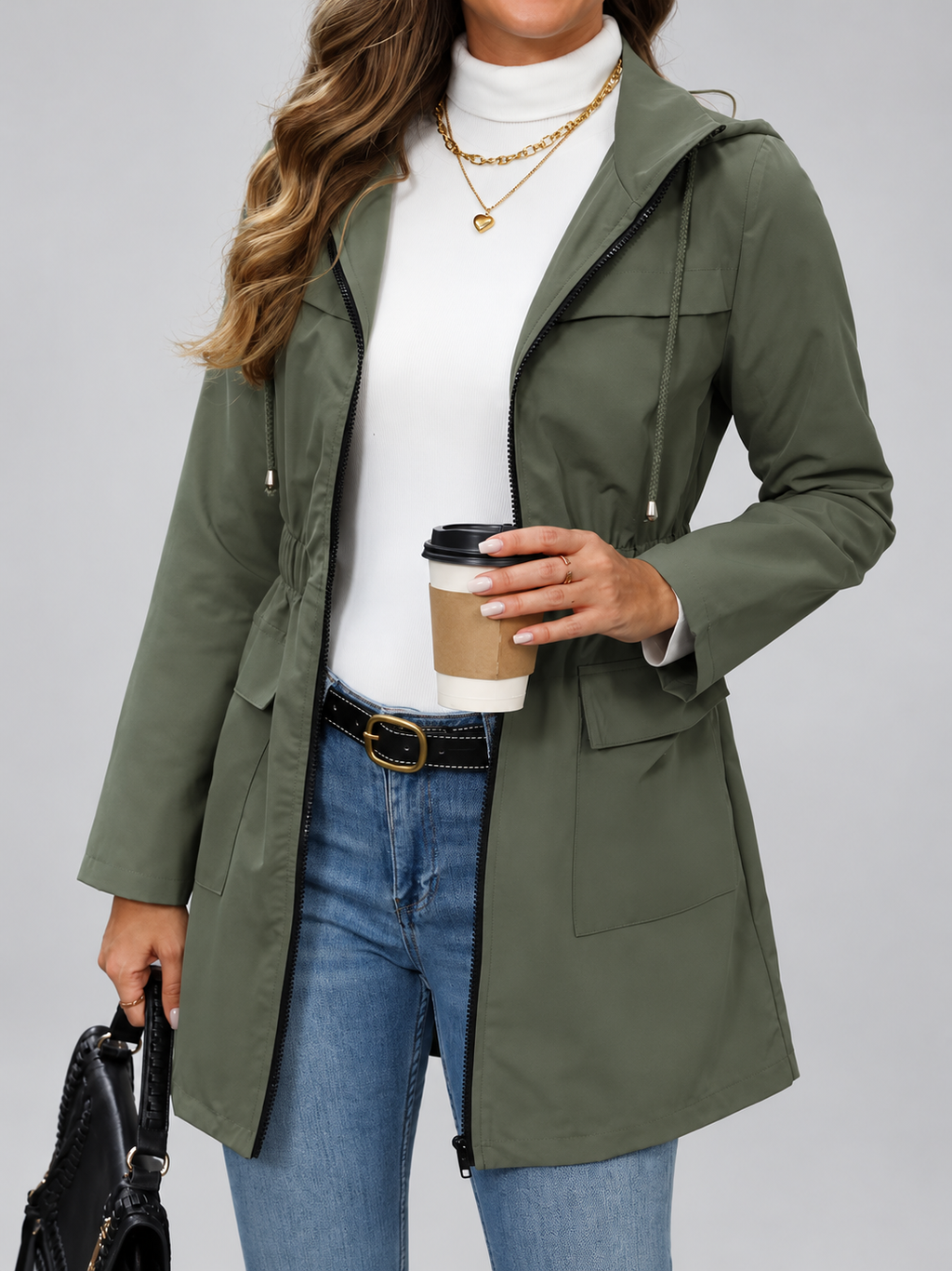 Women's Hooded Utility Jacket | Longline Zip-Up Jacket with Pockets – Fern Green – 1