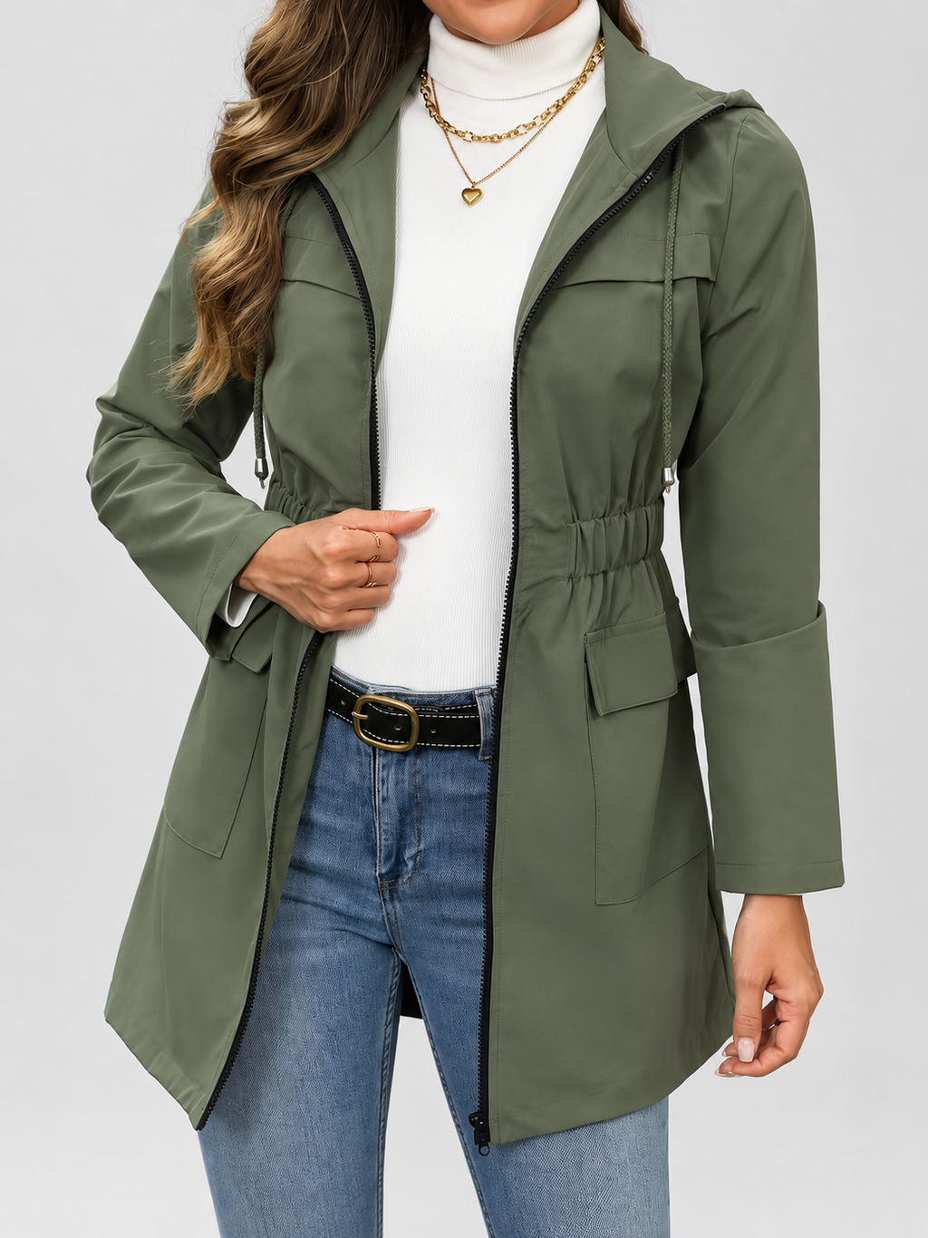 Women's Hooded Utility Jacket | Longline Zip-Up Jacket with Pockets – Fern Green – 3