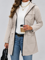 Women's Hooded Utility Jacket | Longline Zip-Up Jacket with Pockets – Light Grey – 1