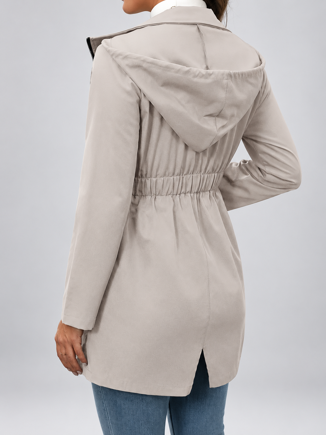 Women's Hooded Utility Jacket | Longline Zip-Up Jacket with Pockets – Light Grey – 2