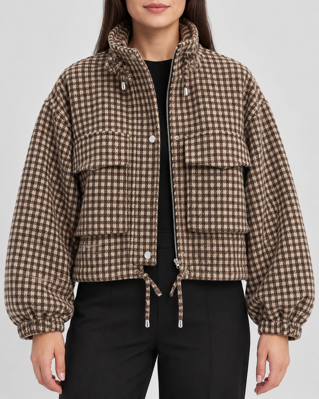 Women's Houndstooth Jacket with Stand Collar – Sepia – 1