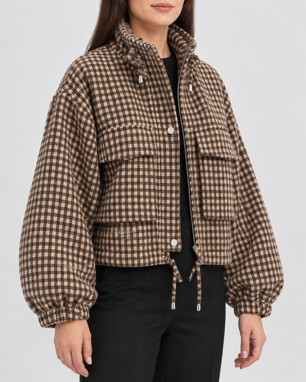 Women's Houndstooth Jacket with Stand Collar – Sepia – 2