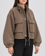 Women's Houndstooth Jacket with Stand Collar – Sepia – 2
