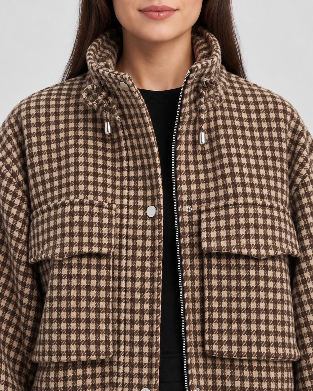 Women's Houndstooth Jacket with Stand Collar – Sepia – 4