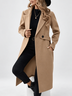 Women's Long Coat | Lapel Coat with Side Pockets – Tan – 1