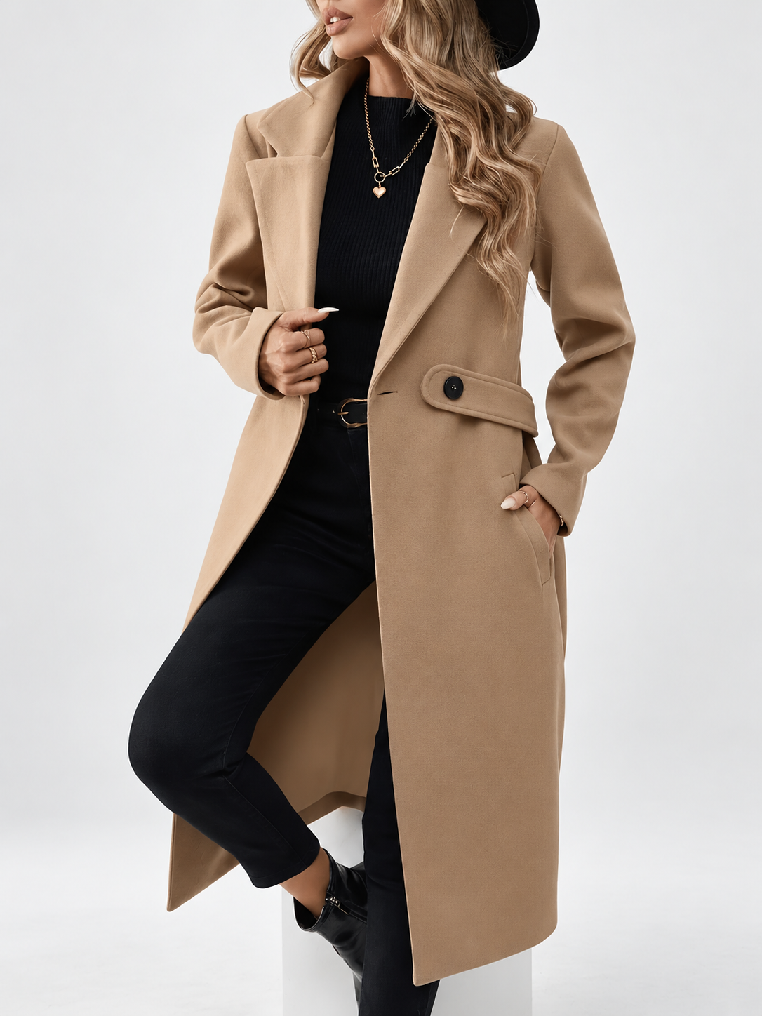 Women's Long Coat | Lapel Coat with Side Pockets – Tan – 1